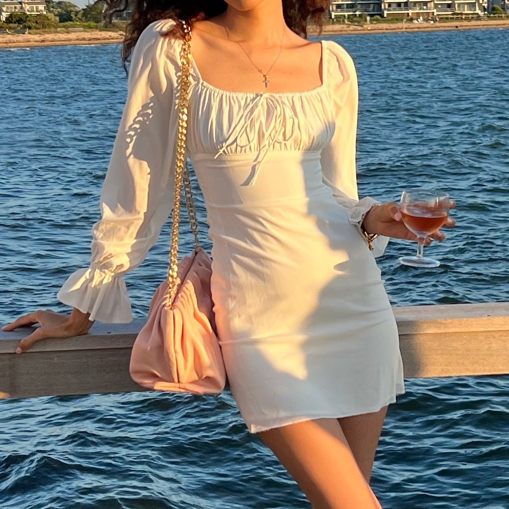 With jean Elegant White Long Sleeve mini Dress